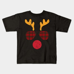 Cool Reindeer Face With Plaid Sunglasses Funny Christmas Kids T-Shirt
